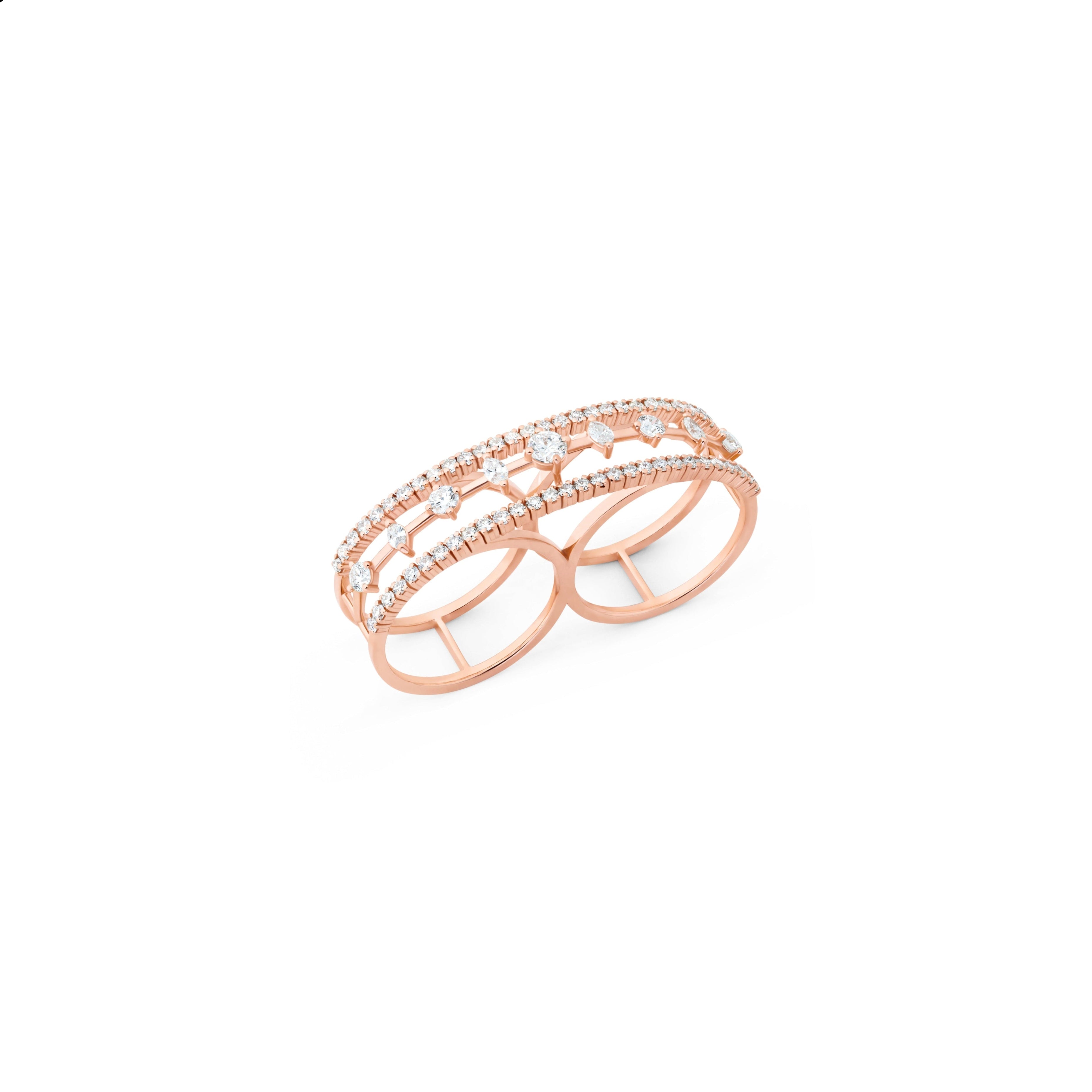 Rose gold ring with diamonds on a white background