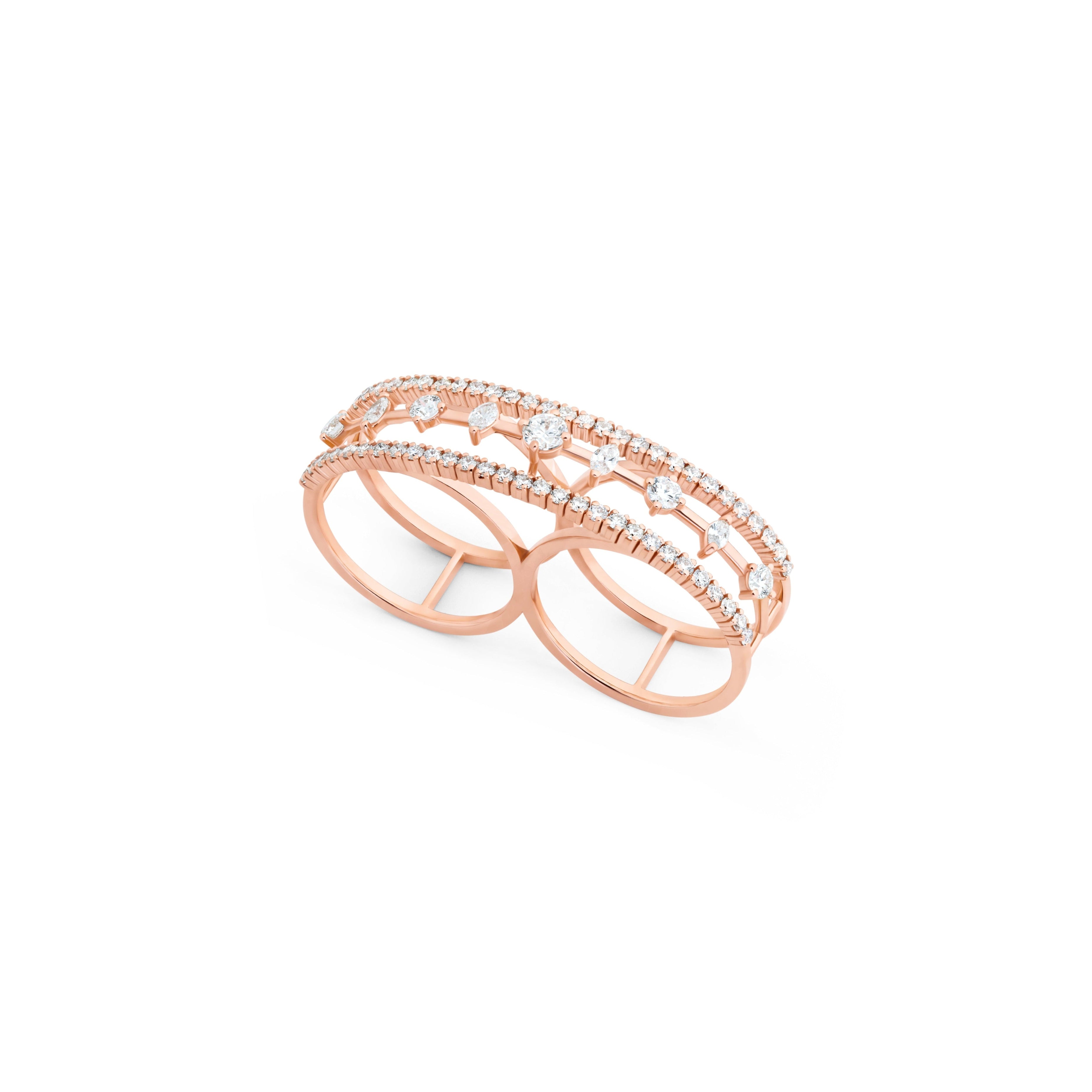 Rose gold ring with diamonds on a white background