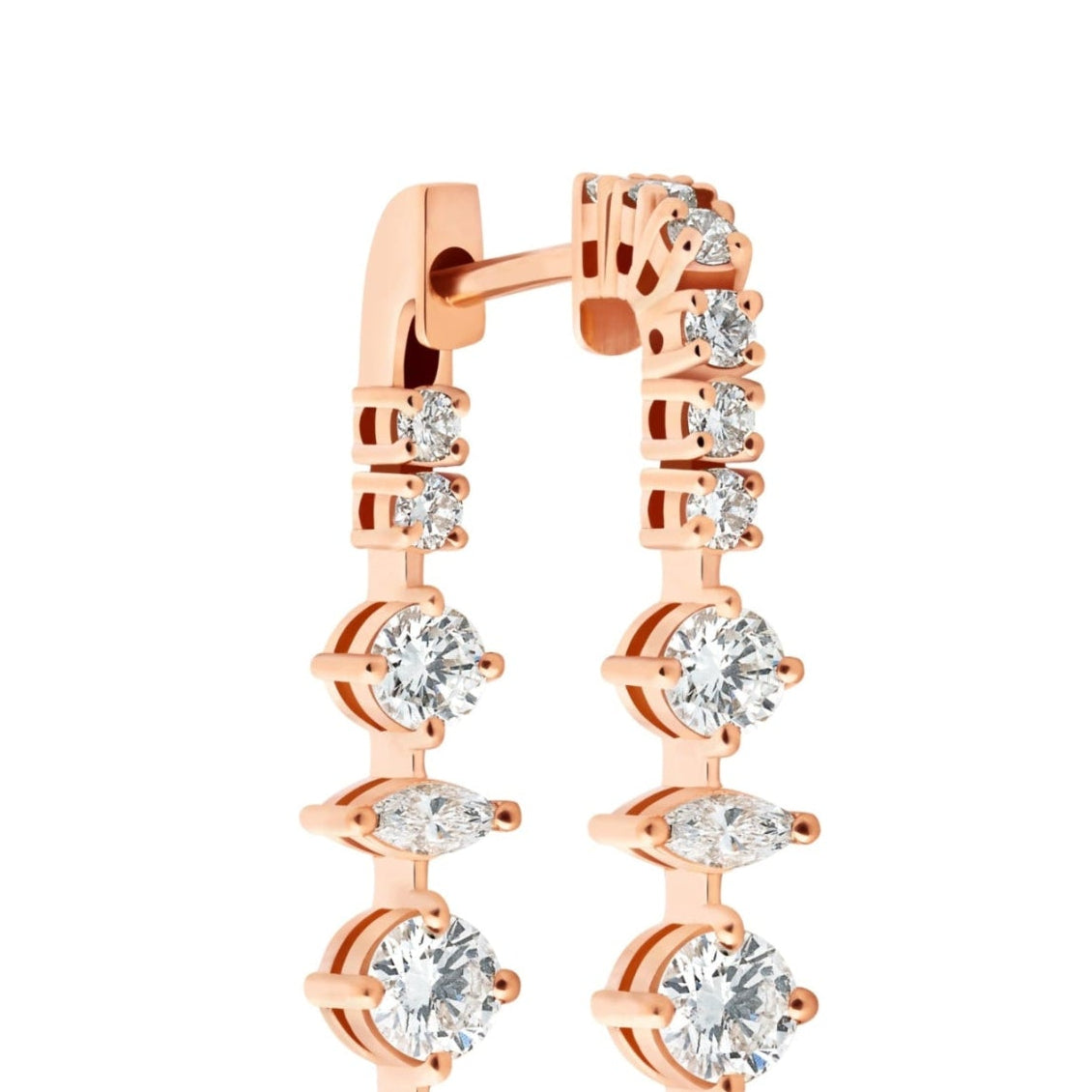 Rose gold hoop earrings with clear gemstones on a white background