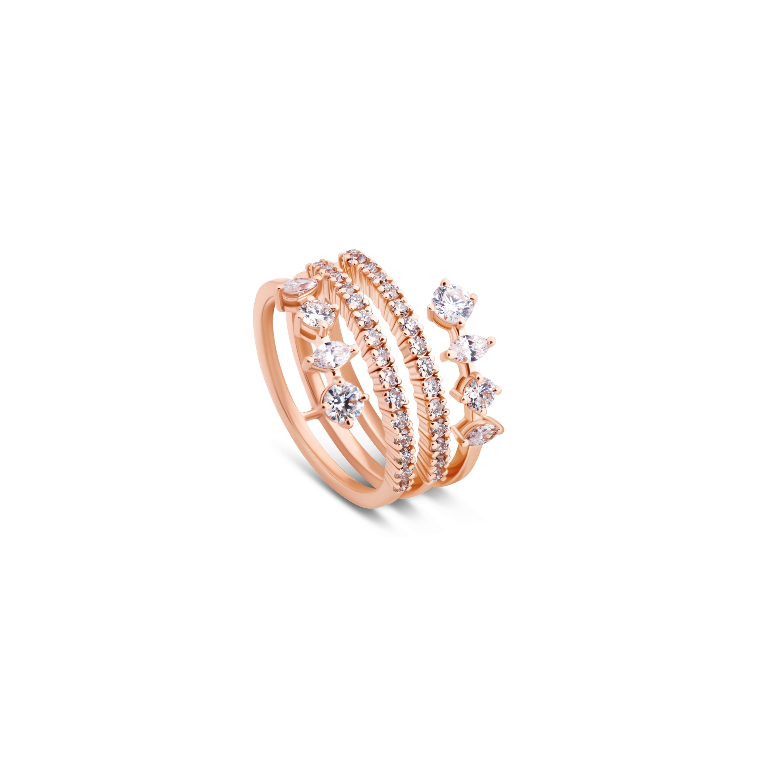 Rose gold ring with diamond accents on a white background