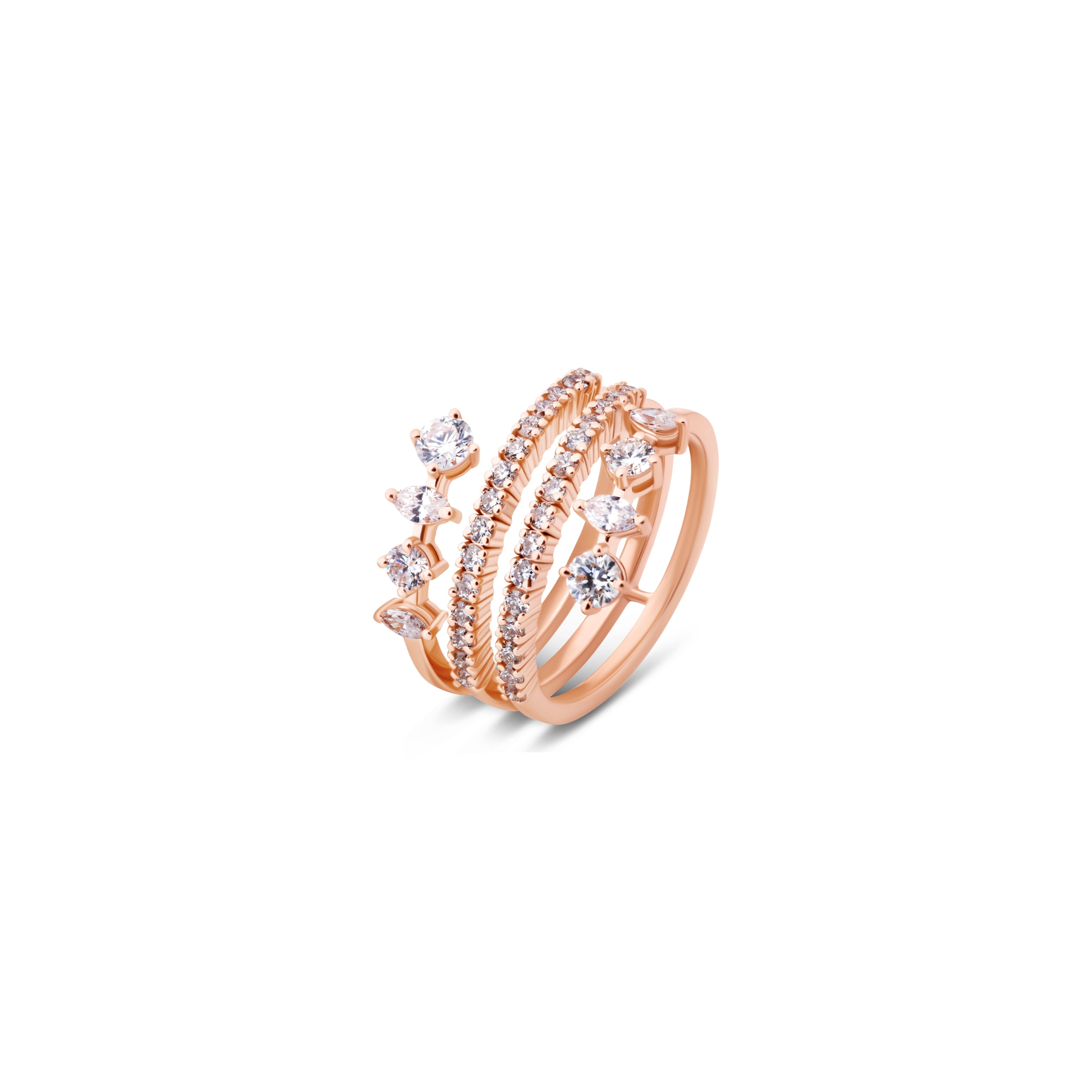 Rose gold ring with diamond accents on a white background
