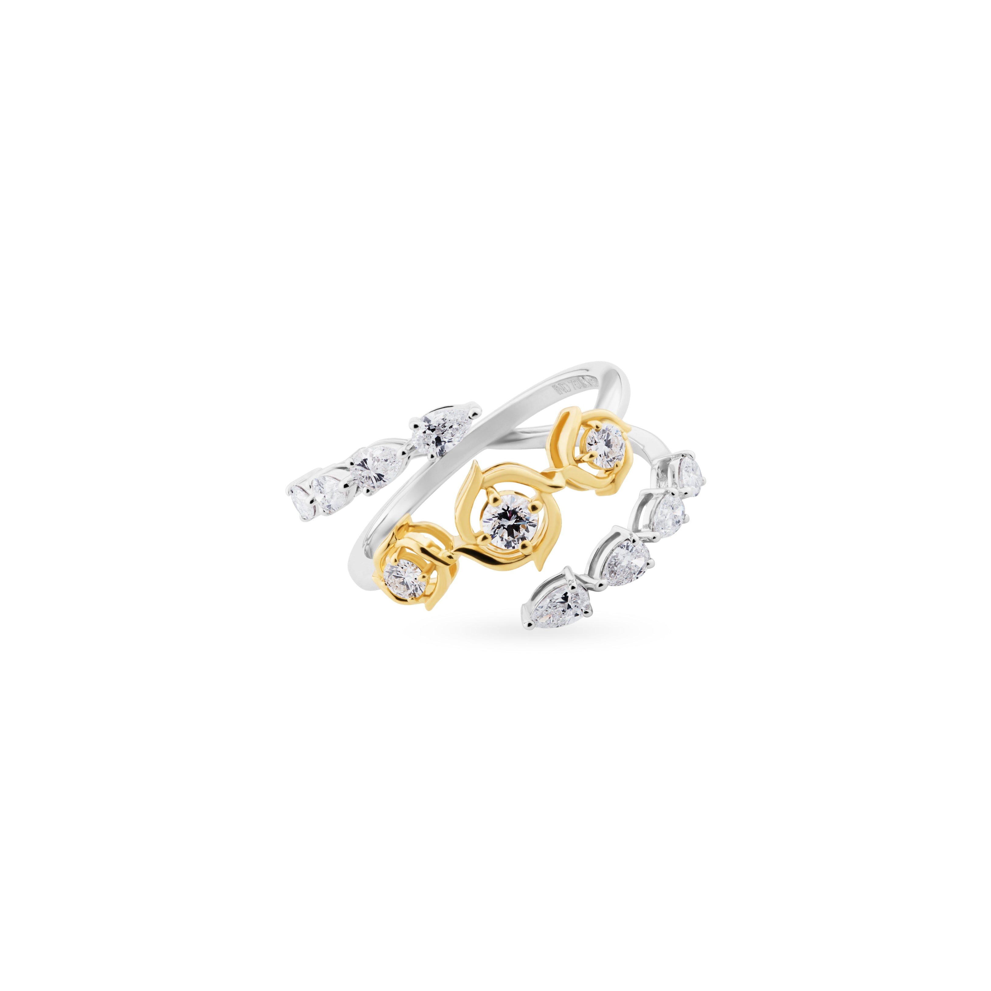 Two gold and silver rings with diamond accents on a white background