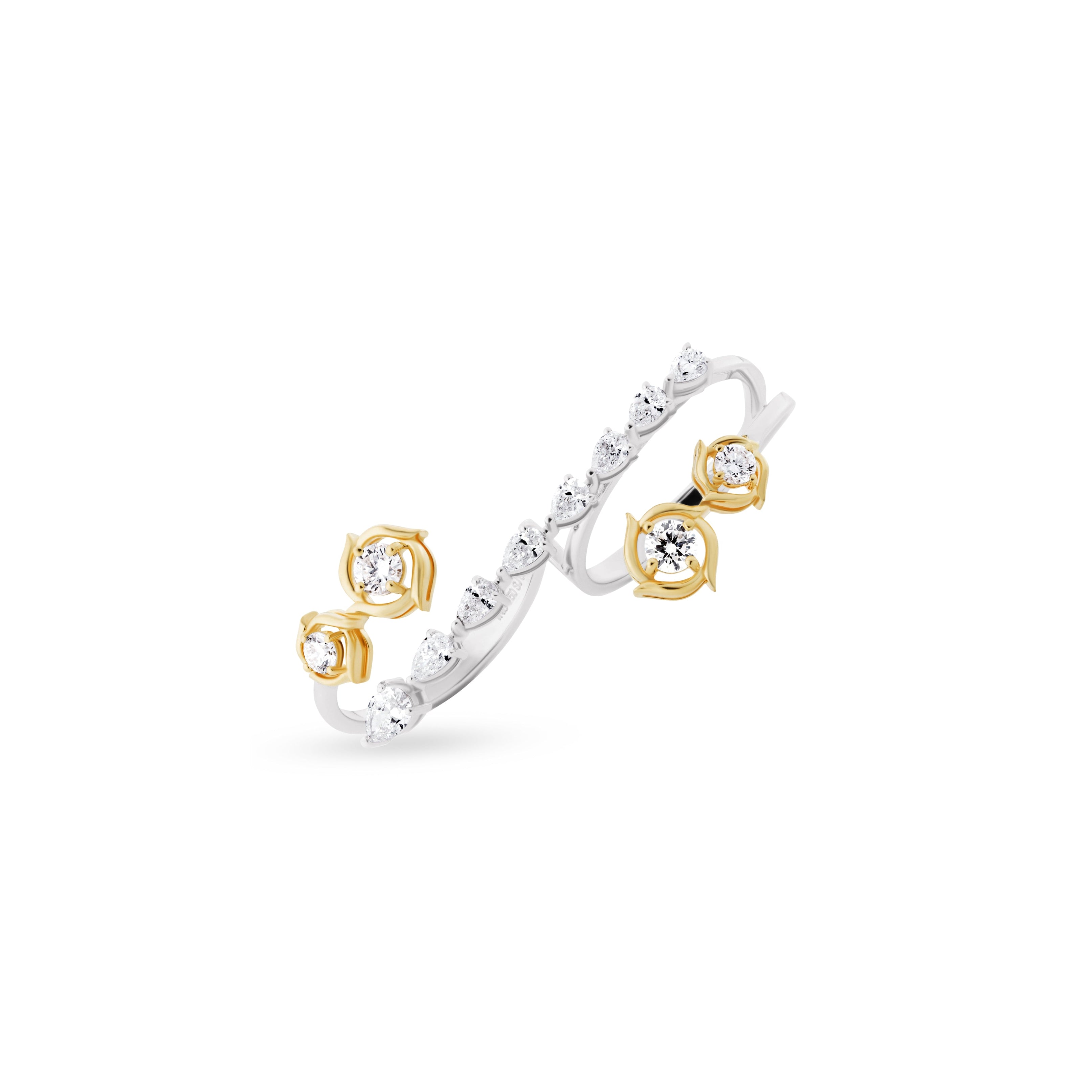 Two gold and silver rings with diamond accents on a white background
