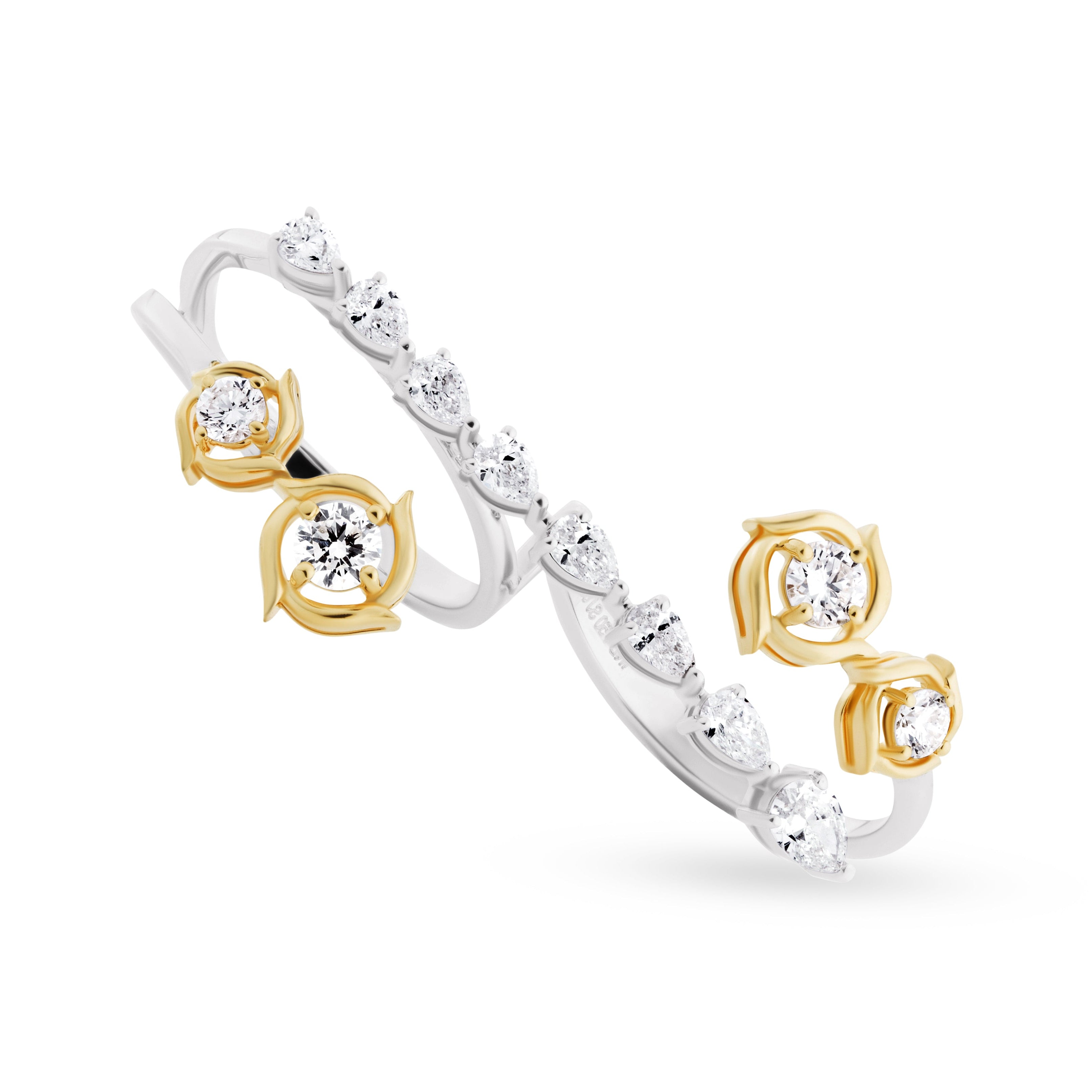 Two gold and silver rings with diamond accents on a white background