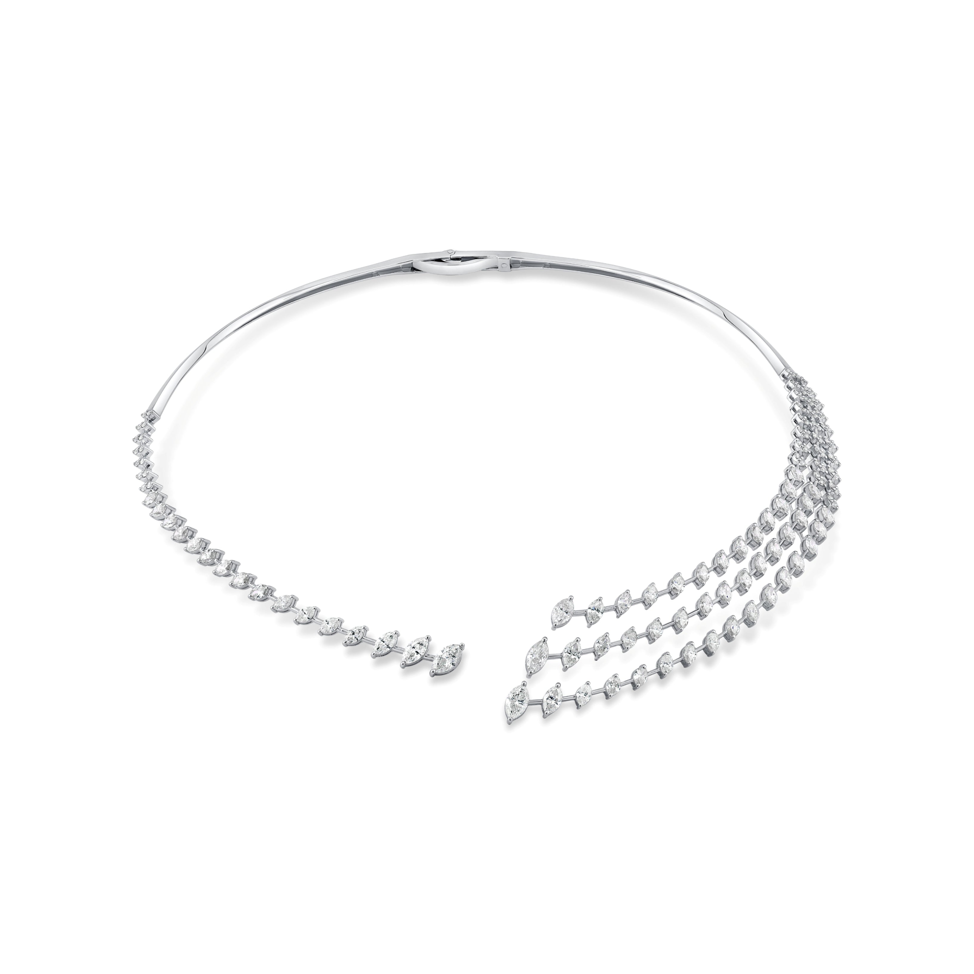 Silver necklace with clear gemstones on a white background
